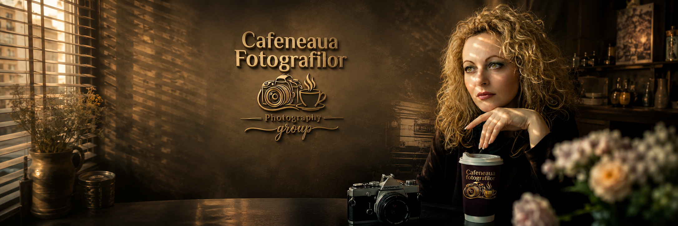 Femeie într-o cafenea, alături de un aparat foto și sigla Cafeneaua Fotografilor